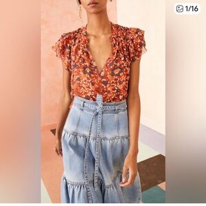 Ulla Johnson Burnt Tess Orange Floral Sheer Ruffle Sleeve Blouse gold metallic